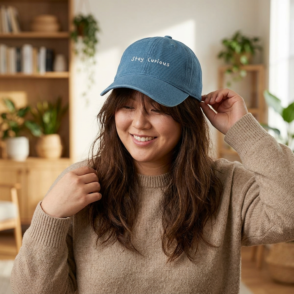 Embroidered "Stay Curious" Denim Hat: Unisex Cotton Cap with back design