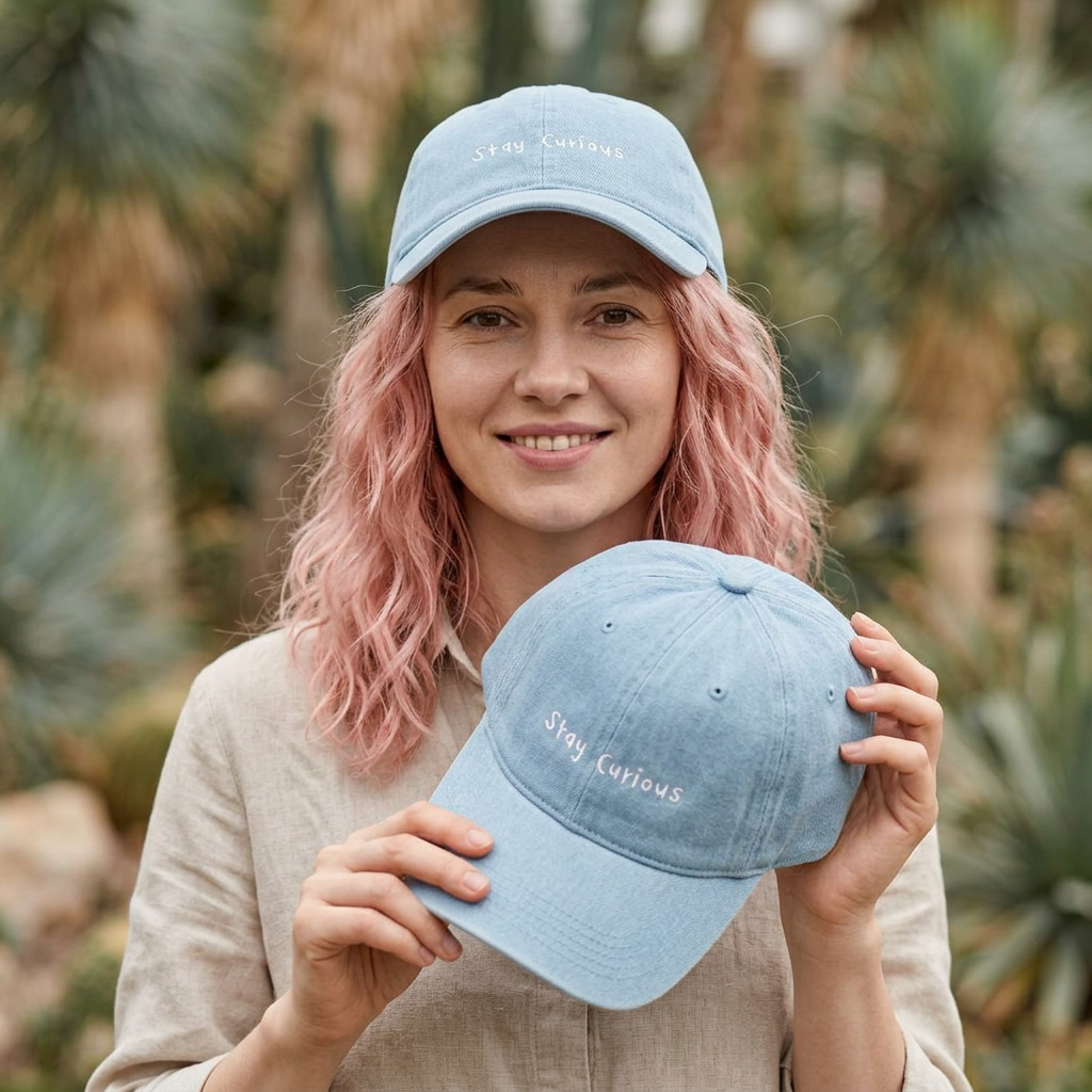Embroidered "Stay Curious" Denim Hat: Unisex Cotton Cap with back design