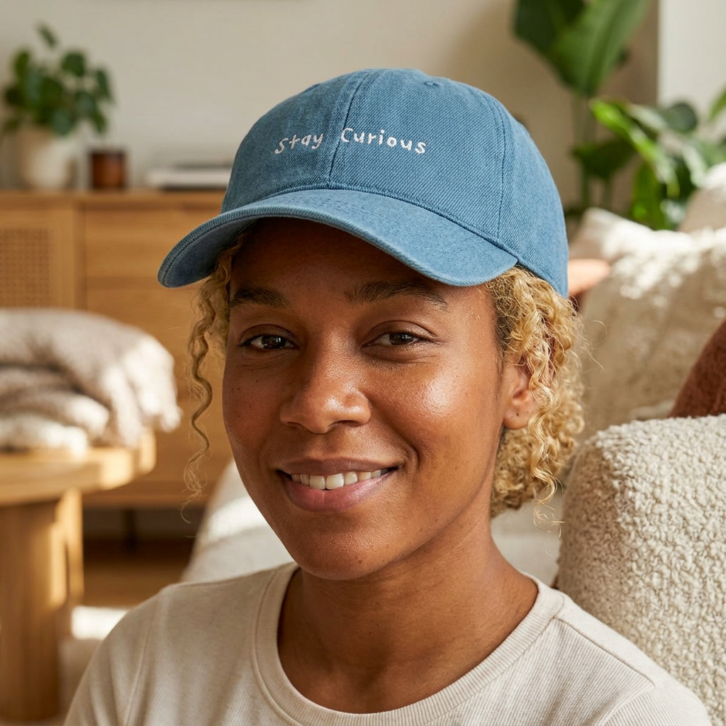 Embroidered "Stay Curious" Denim Hat: Unisex Cotton Cap with back design