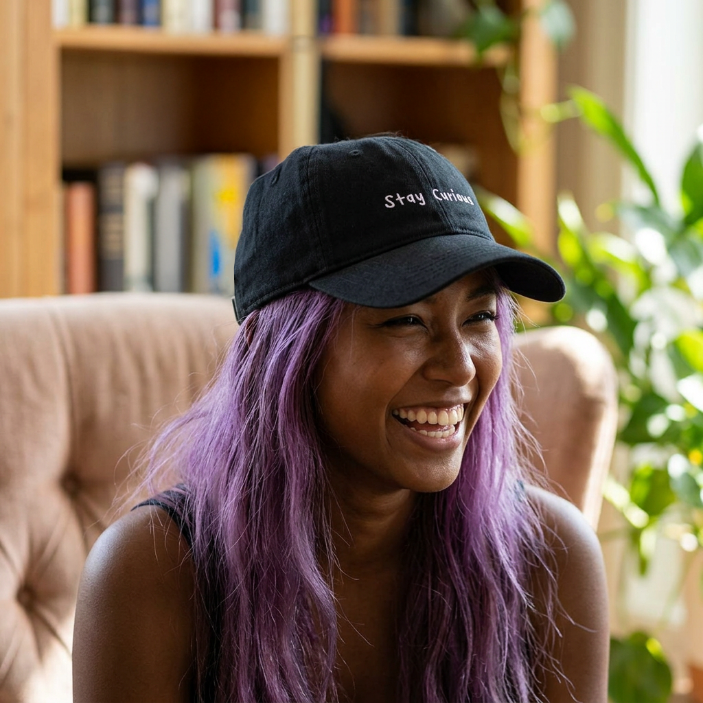 Embroidered "Stay Curious" Denim Hat: Unisex Cotton Cap with back design