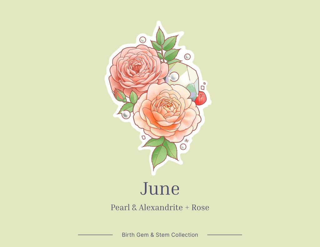 June Birth Flower & Birth Stone Sticker - Pearl, Alexandrite, and Rose