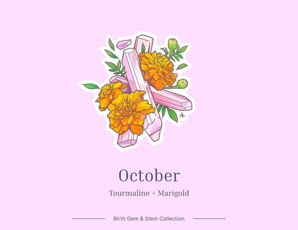 October Birth Flower & Birth Stone Sticker - Tourmaline and Marigold
