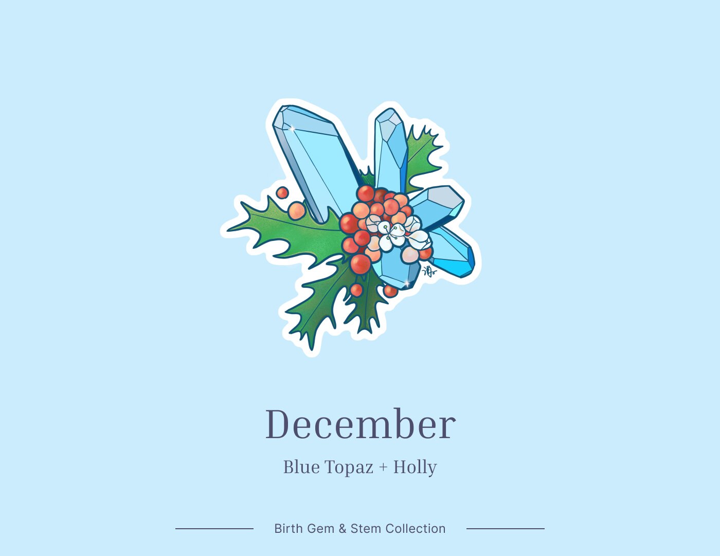 December Birth Flower & Birth Stone Sticker - Blue Topaz and Holly