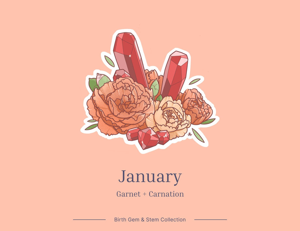 January Birth Flower & Birth Stone Sticker - Garnet and Carnation