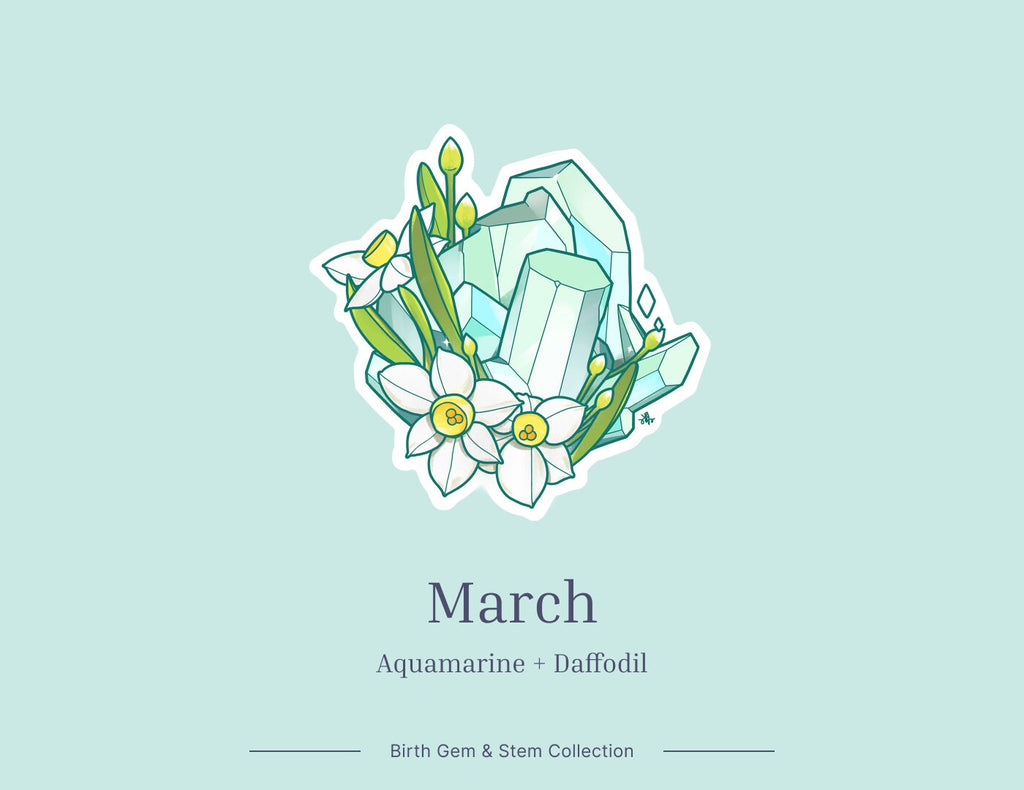 March Birth Flower & Birth Stone Sticker - Aquamarine and Daffodil