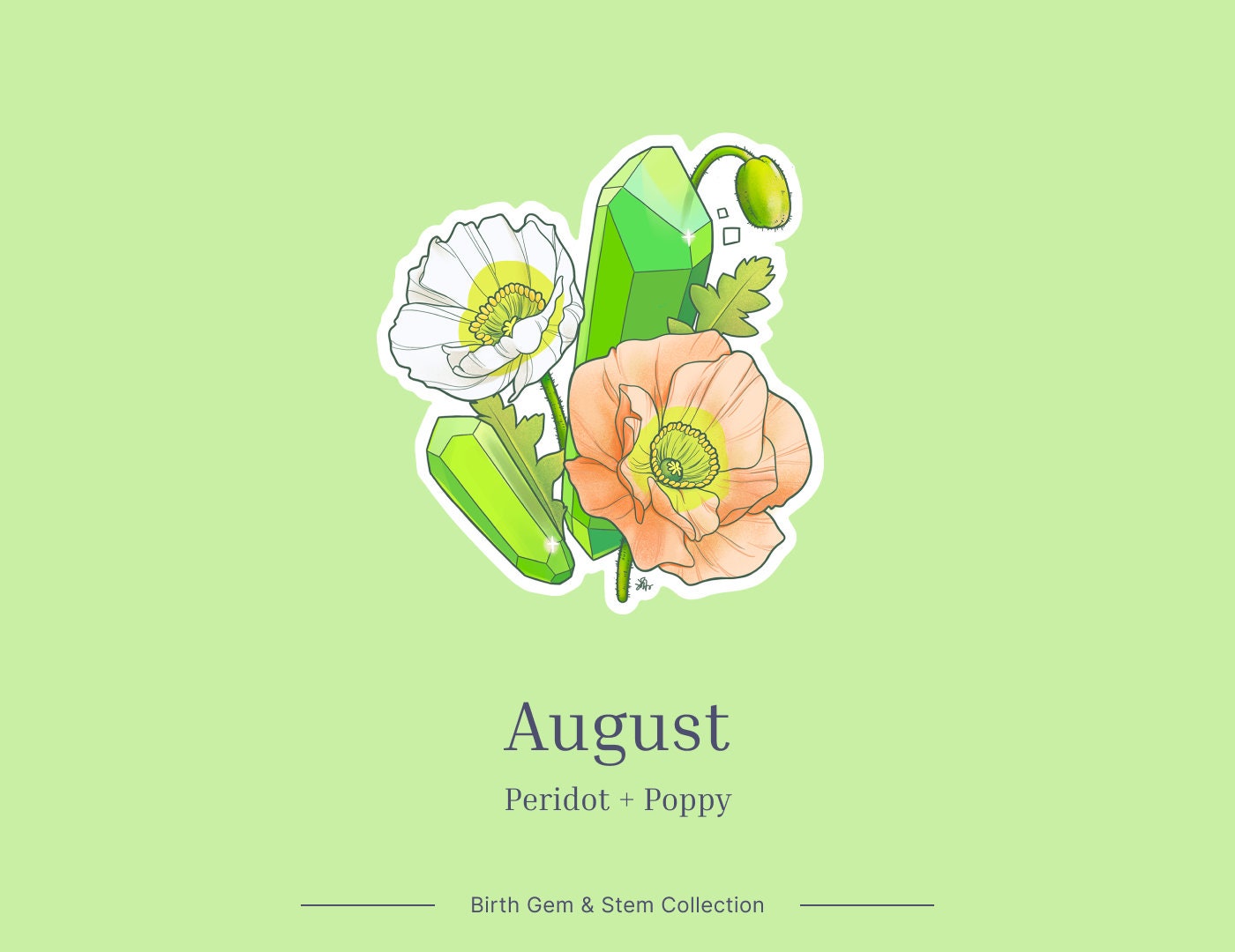 August Birth Flower & Birth Stone Sticker - Peridot and Poppy
