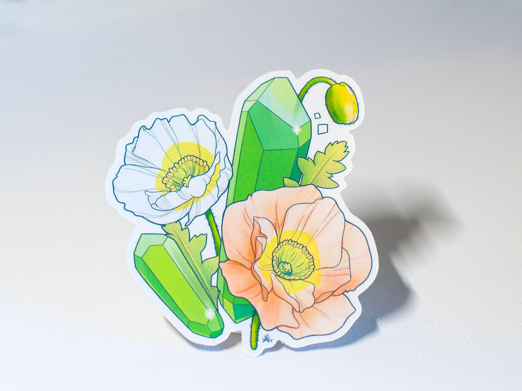 August Birth Flower & Birth Stone Sticker - Peridot and Poppy