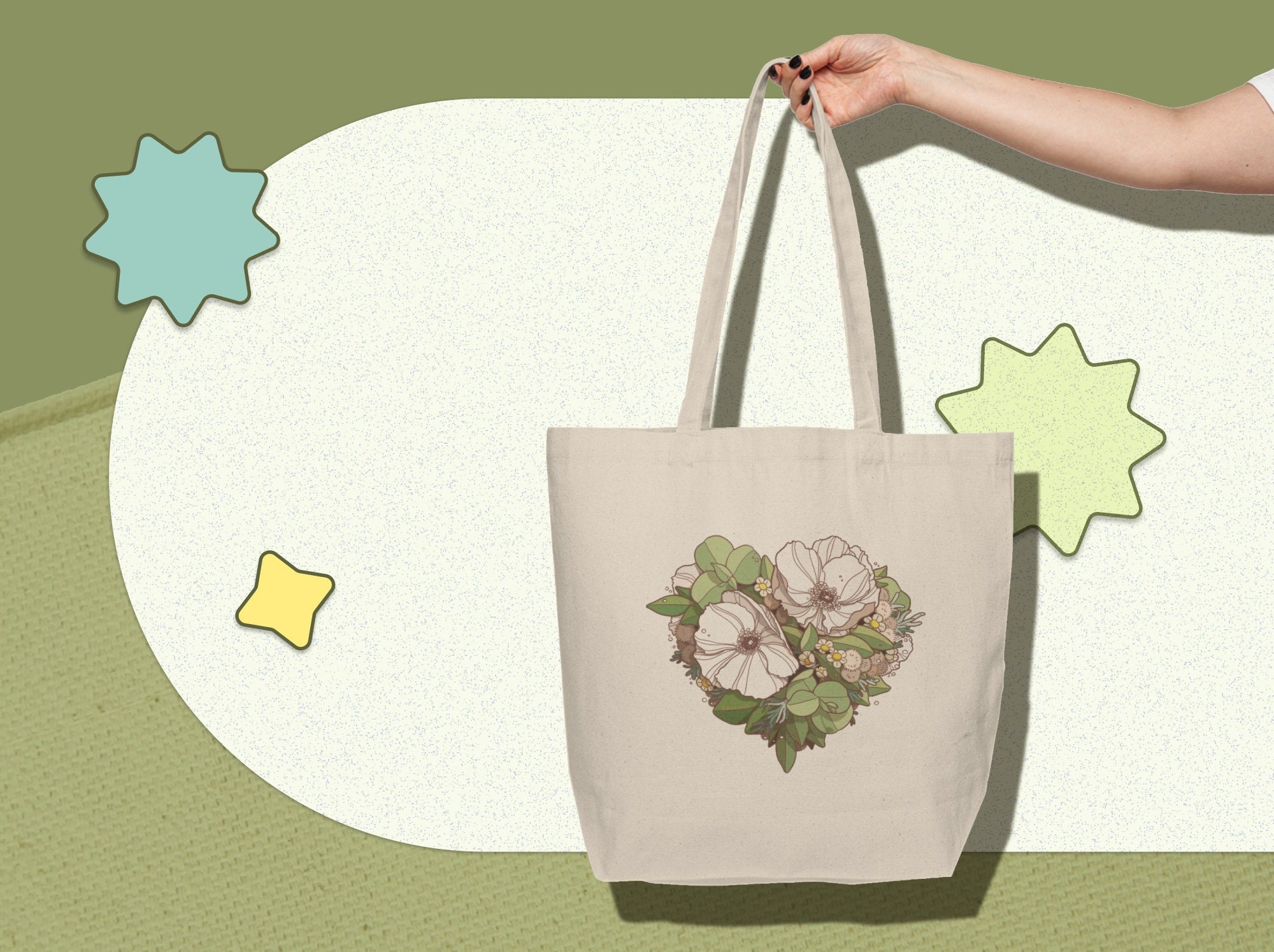 Floral Heart Canvas Tote Bag: Hand-Illustrated Botanical Design