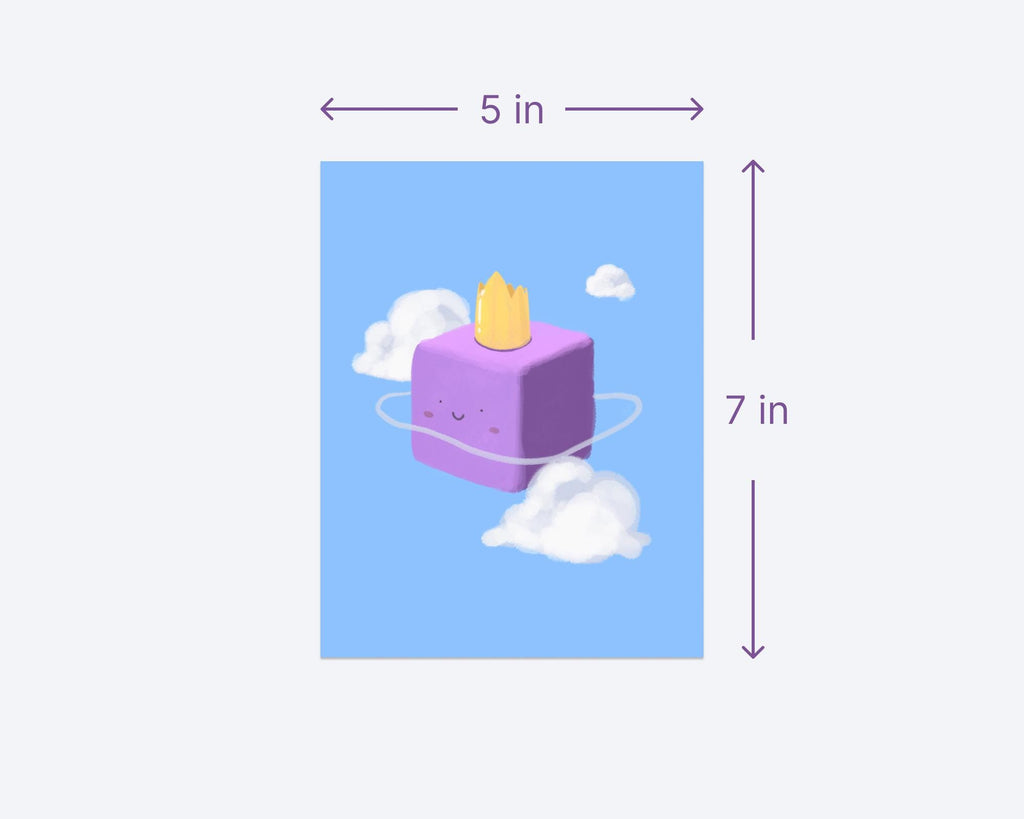Relaxed floating purple blob and cloud in blue sky, 5x7 small premium art print, poster, cartoon, classrooms, nursery, kid room decoration