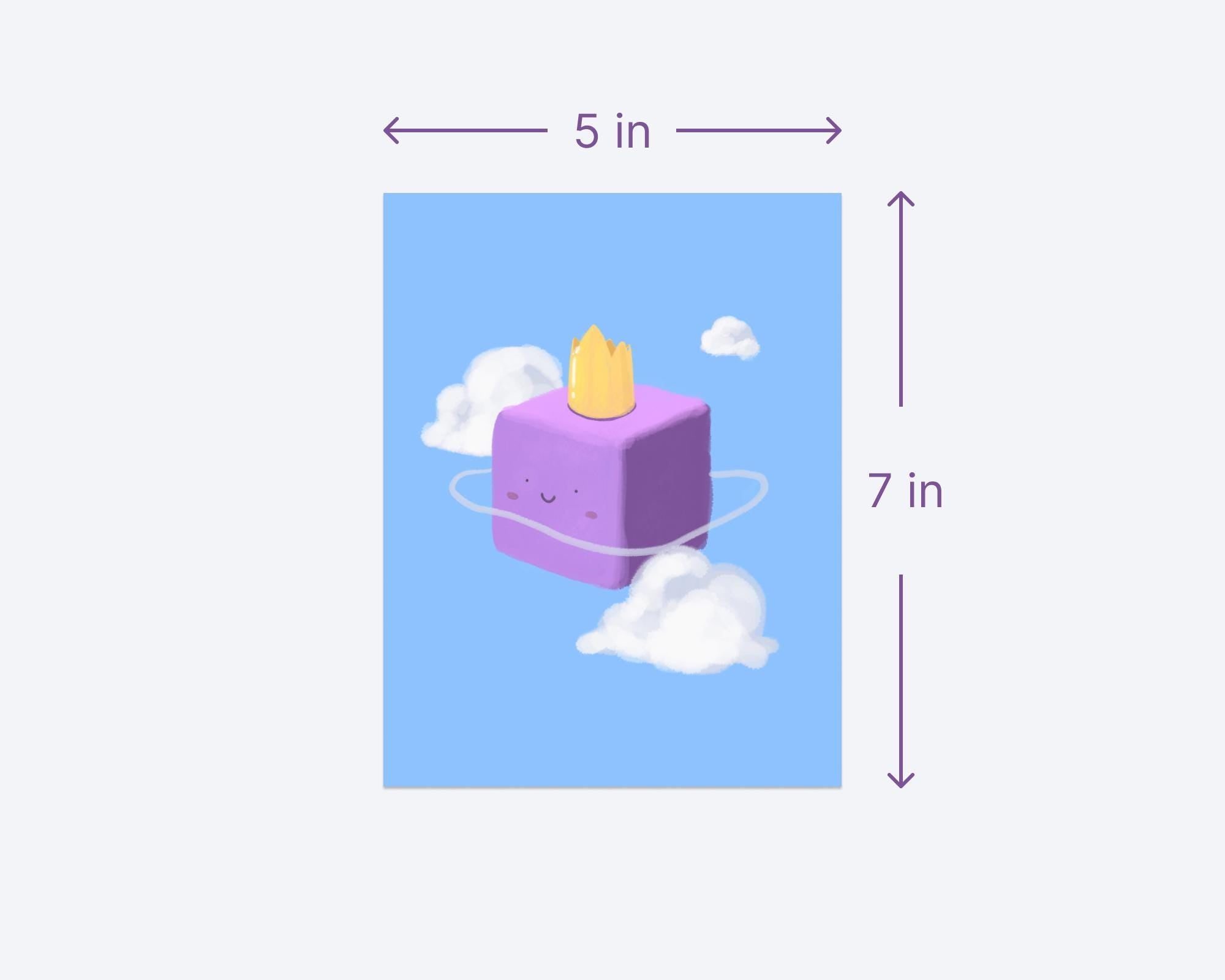 Relaxed floating purple blob and cloud in blue sky, 5x7 small premium art print, poster, cartoon, classrooms, nursery, kid room decoration
