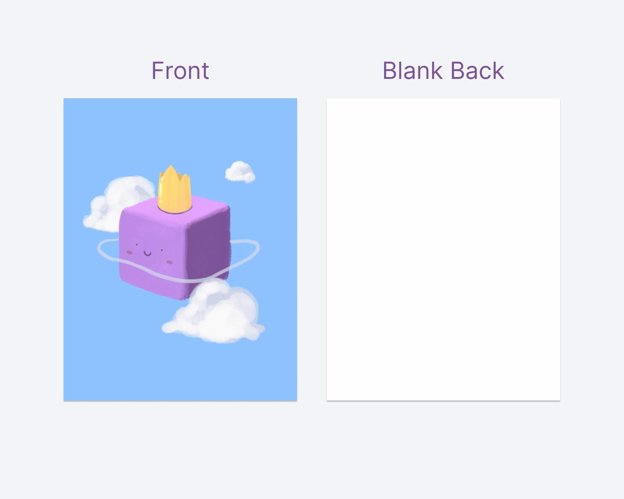 Relaxed floating purple blob and cloud in blue sky, 5x7 small premium art print, poster, cartoon, classrooms, nursery, kid room decoration