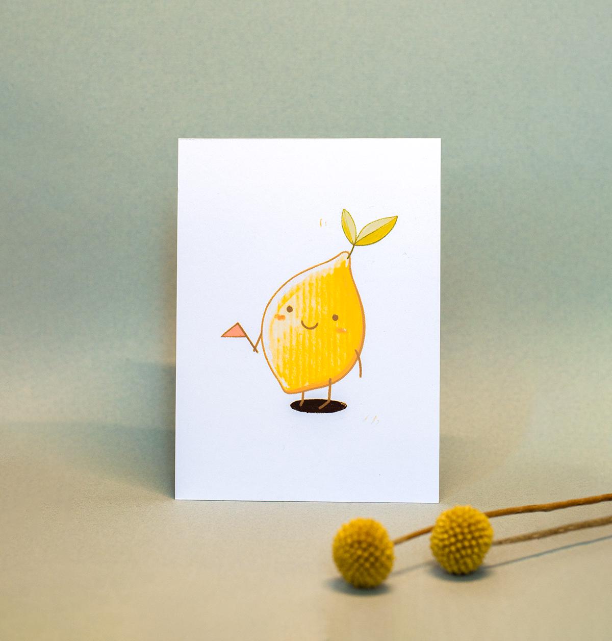 Little cute lemon baby with flag, 4x5.5 fruits illustration, collectable art poster for wall, home decor, kids room, nursery, classrooms
