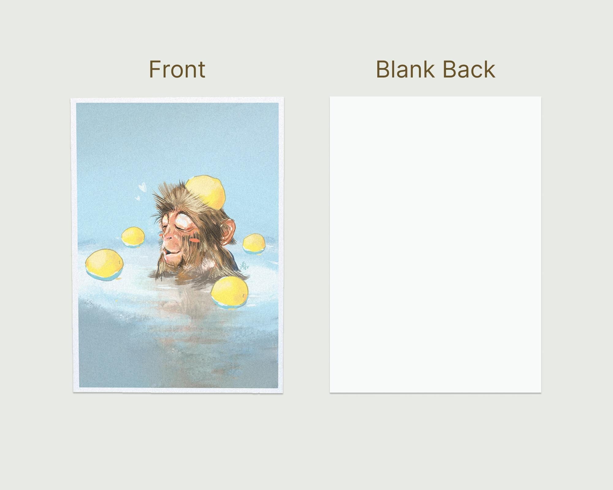 Relaxed monkey in hot spring with yuzu fruits, premium art print, hand-drawn digital illustrations, nature art, Japanese travel mementos