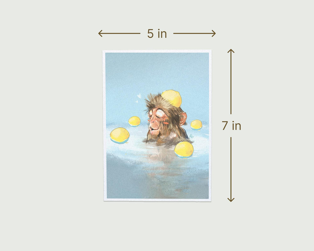 Relaxed monkey in hot spring with yuzu fruits, premium art print, hand-drawn digital illustrations, nature art, Japanese travel mementos
