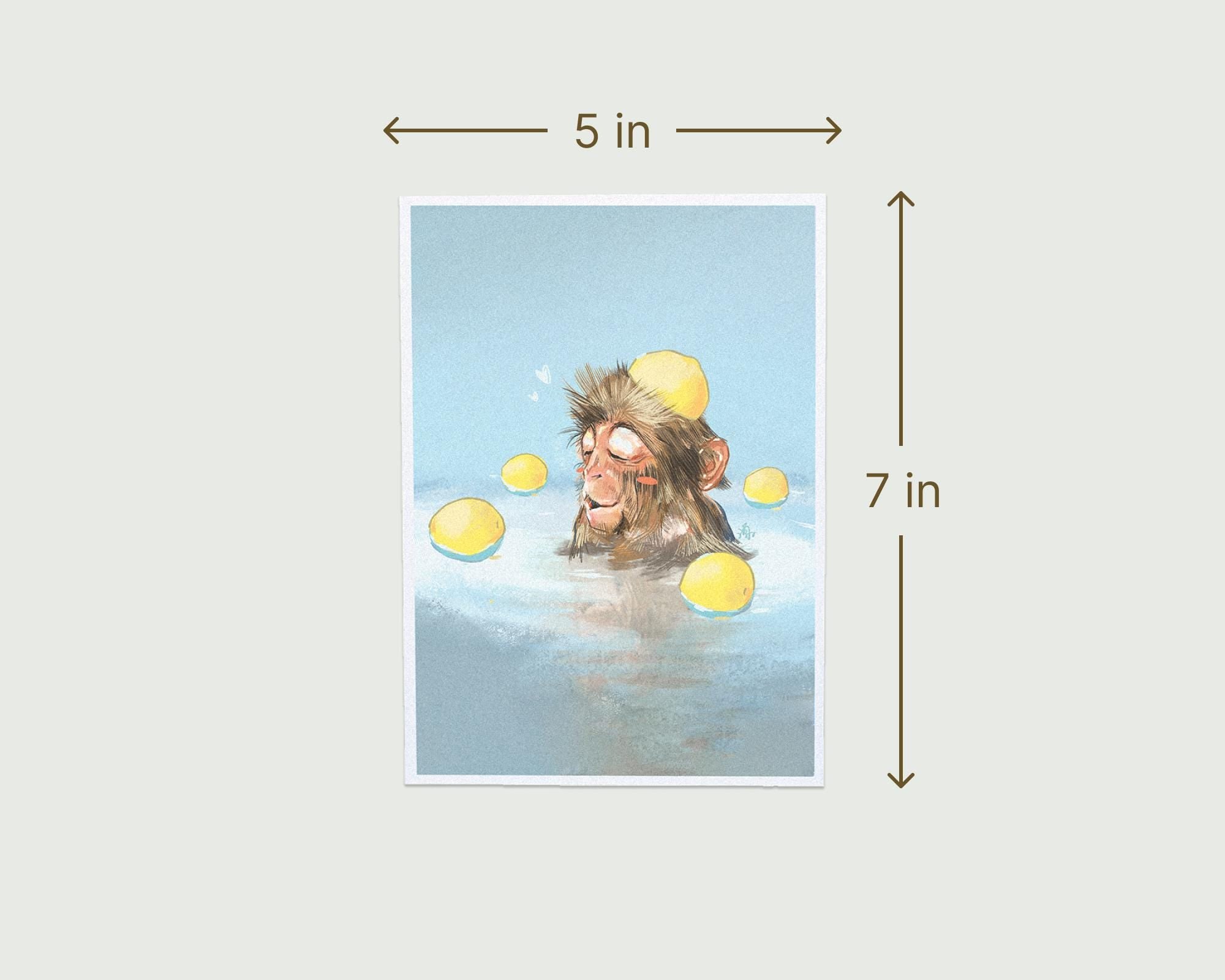 Relaxed monkey in hot spring with yuzu fruits, premium art print, hand-drawn digital illustrations, nature art, Japanese travel mementos