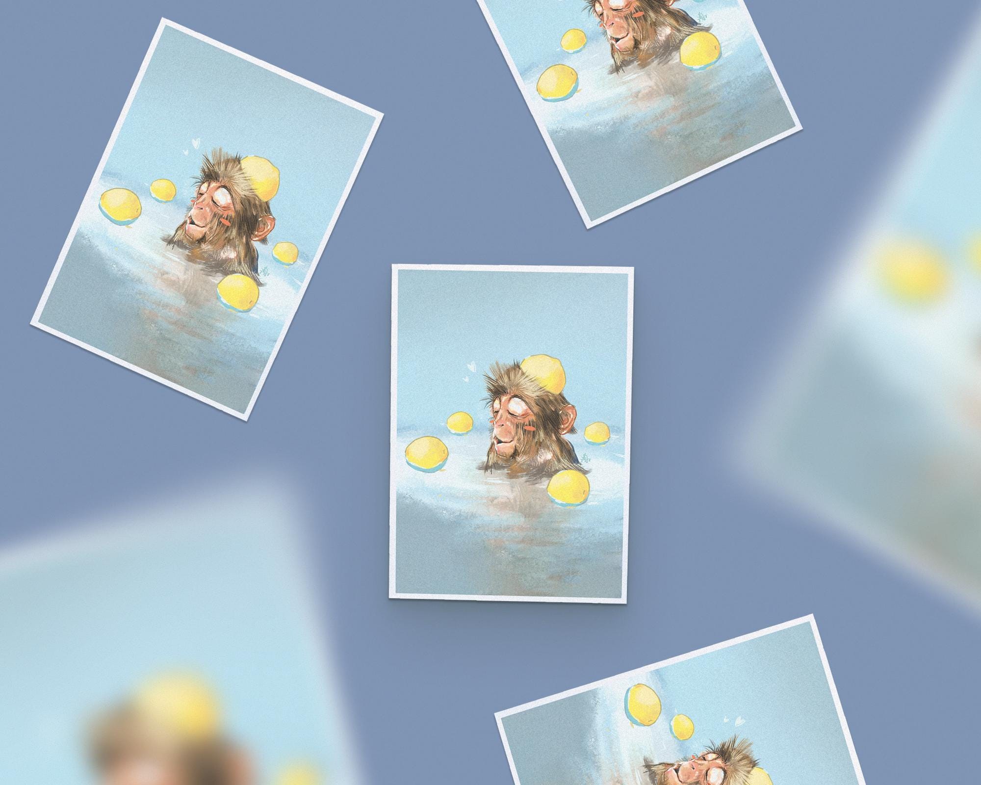 Relaxed monkey in hot spring with yuzu fruits, premium art print, hand-drawn digital illustrations, nature art, Japanese travel mementos