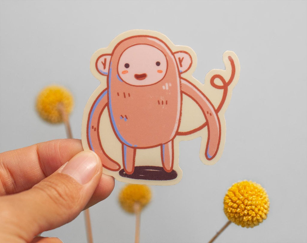 Cute cartoon monkey sticker 2.5 in, Glossy vinyl hand-drawn, waterproof, perfect for laptops, water bottles, notebooks, phone cases