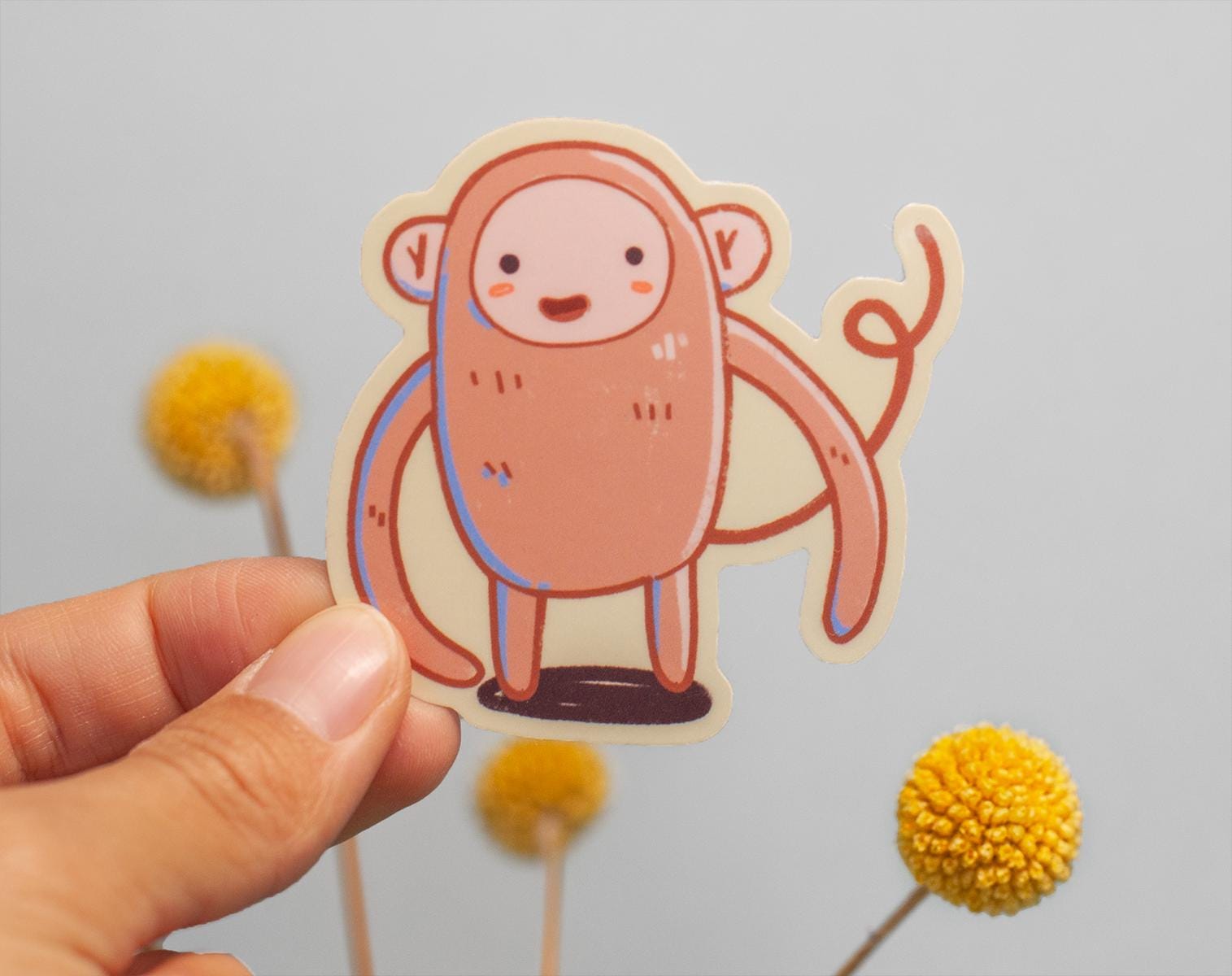 Cute cartoon monkey sticker 2.5 in, Glossy vinyl hand-drawn, waterproof, perfect for laptops, water bottles, notebooks, phone cases