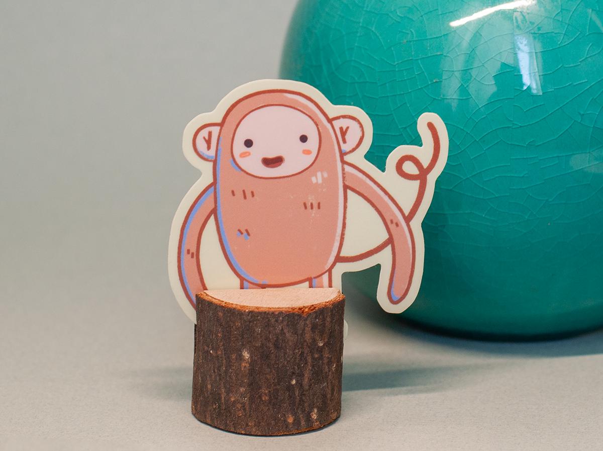 Cute cartoon monkey sticker 2.5 in, Glossy vinyl hand-drawn, waterproof, perfect for laptops, water bottles, notebooks, phone cases