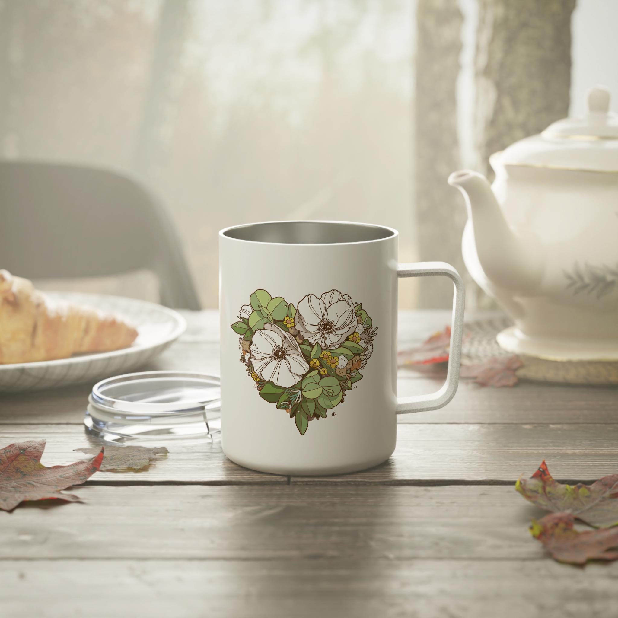Floral Insulated Portable Travel Coffee Tea Mug 10oz, Stainless Steel