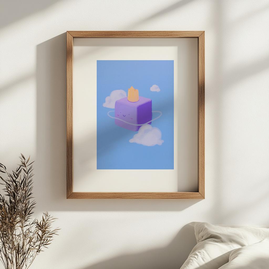 Relaxed floating purple blob and cloud in blue sky, 5x7 small premium art print, poster, cartoon, classrooms, nursery, kid room decoration