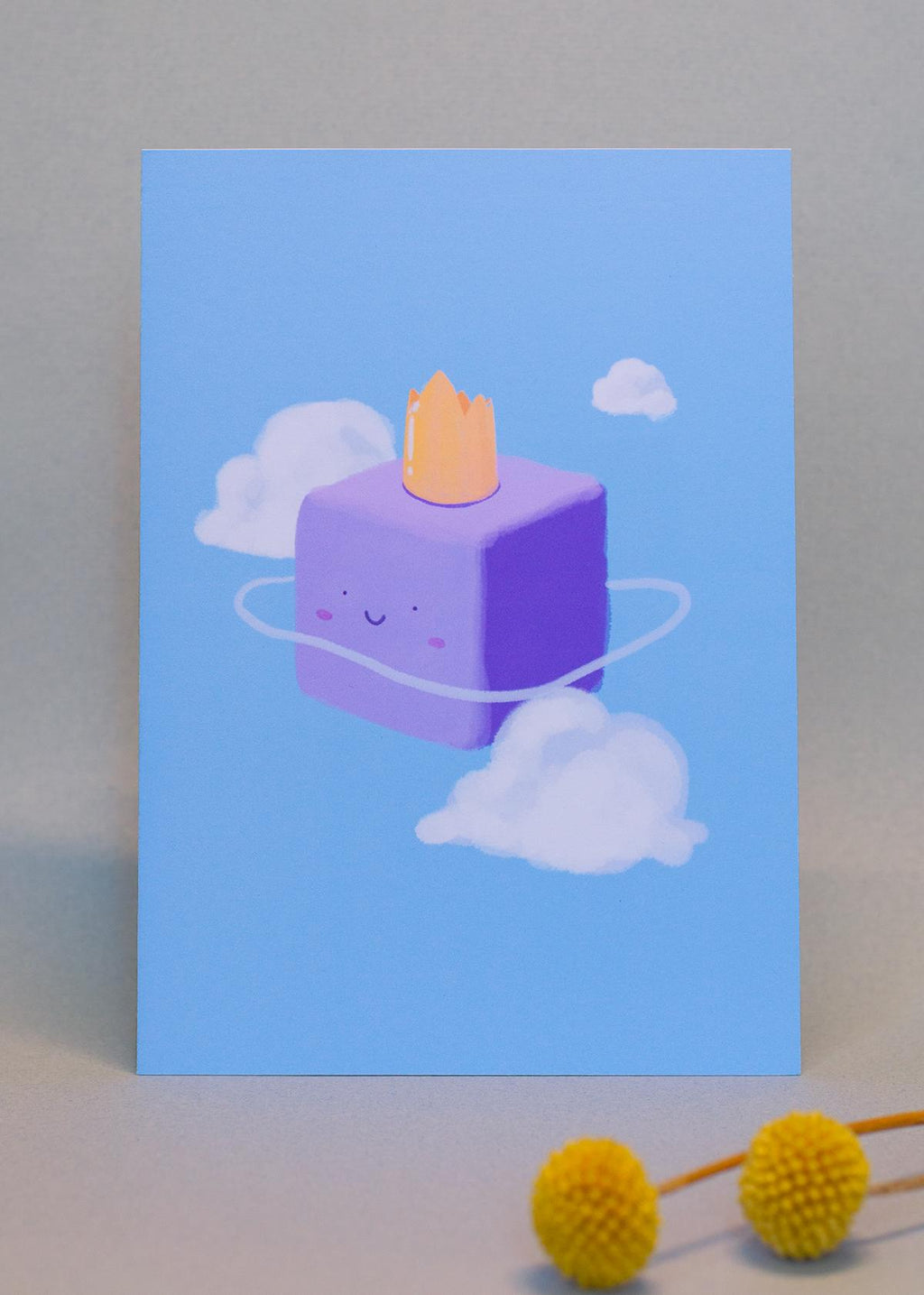 Relaxed floating purple blob and cloud in blue sky, 5x7 small premium art print, poster, cartoon, classrooms, nursery, kid room decoration