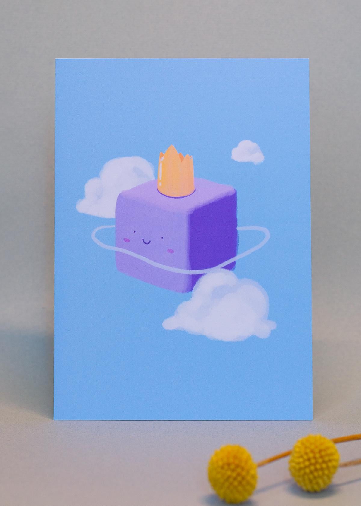 Relaxed floating purple blob and cloud in blue sky, 5x7 small premium art print, poster, cartoon, classrooms, nursery, kid room decoration