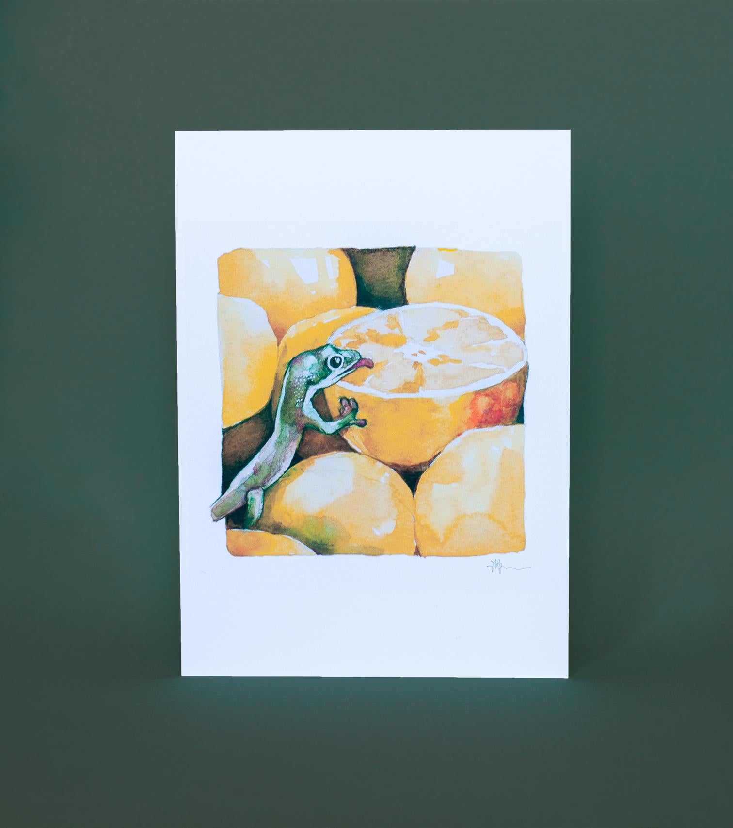 Gecko enjoying citrus fruit, 5x7 premium watercolor painting print, art poster for wall, home decor, collectable signed art, cute lizards