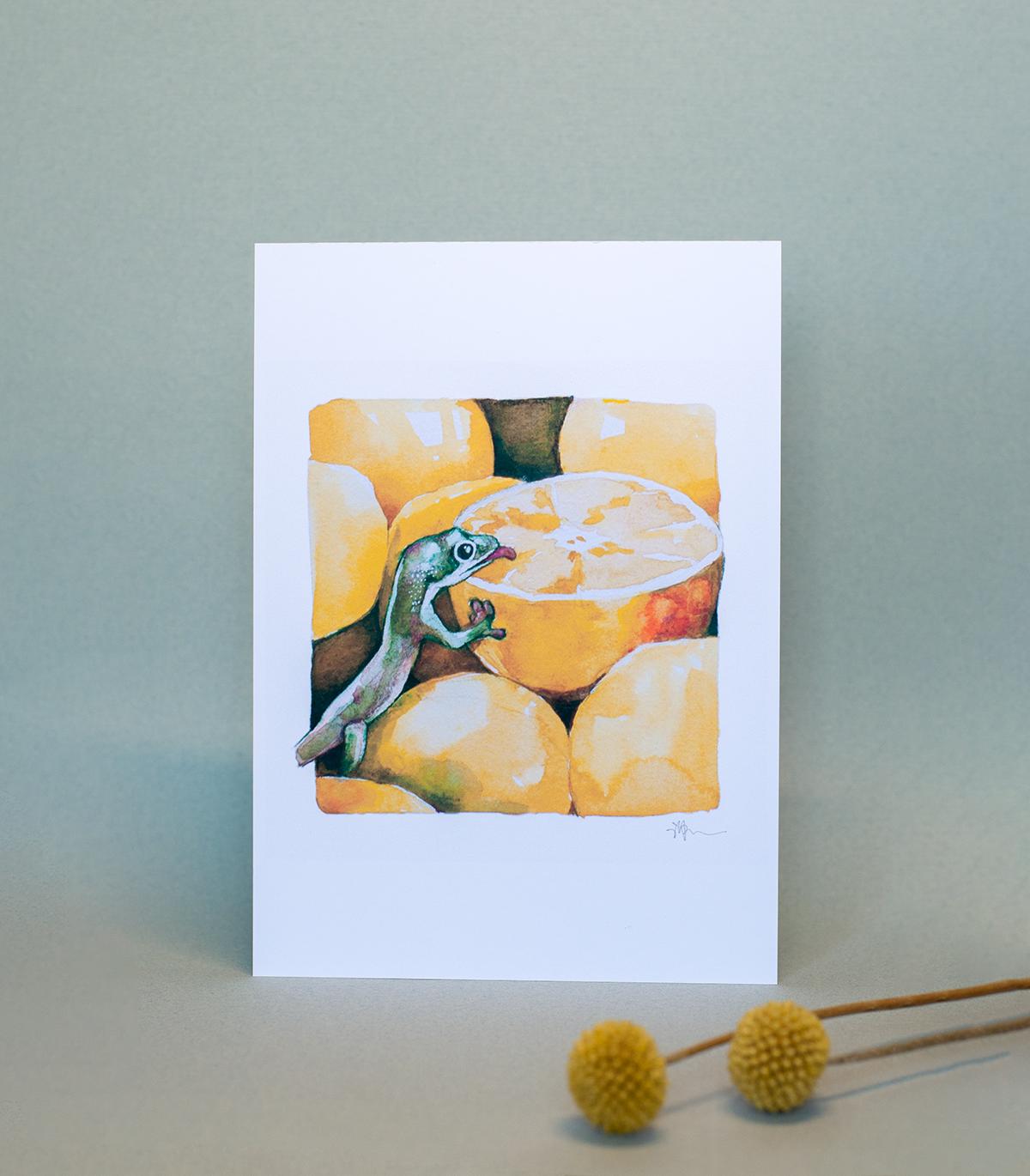 Gecko enjoying citrus fruit, 5x7 premium watercolor painting print, art poster for wall, home decor, collectable signed art, cute lizards