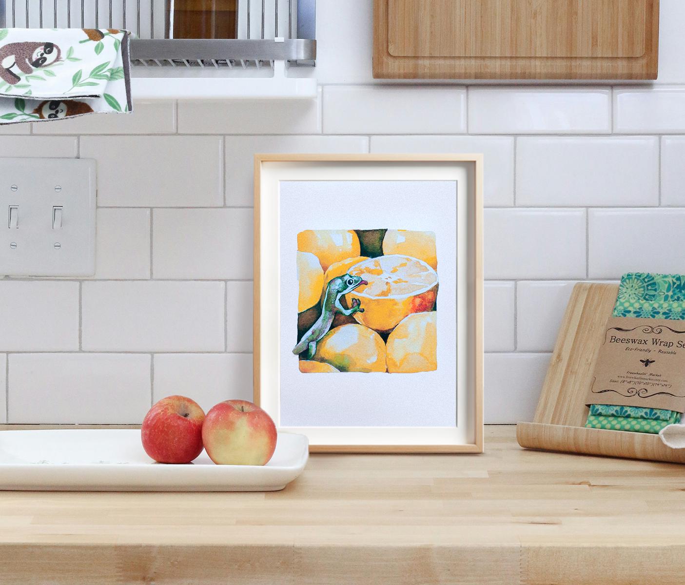 Gecko enjoying citrus fruit, 5x7 premium watercolor painting print, art poster for wall, home decor, collectable signed art, cute lizards
