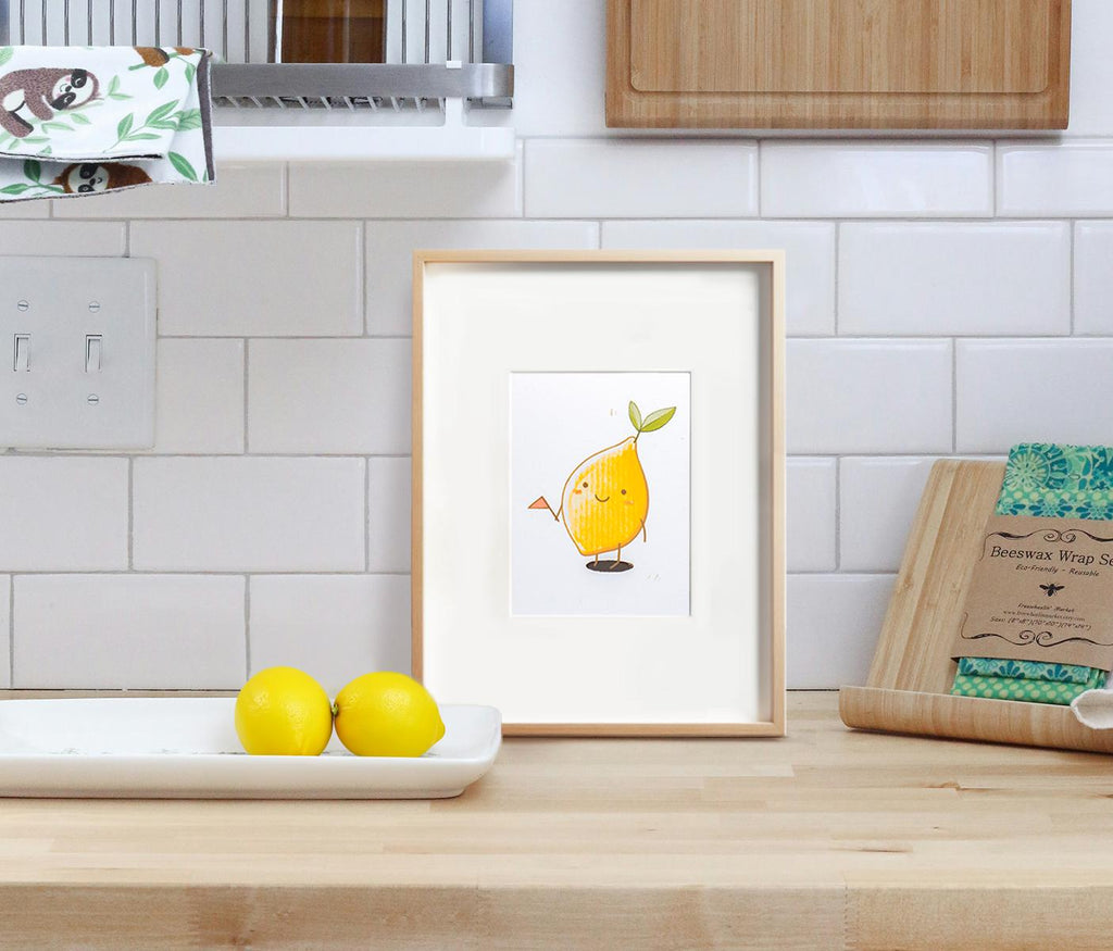 Little cute lemon baby with flag, 4x5.5 fruits illustration, collectable art poster for wall, home decor, kids room, nursery, classrooms