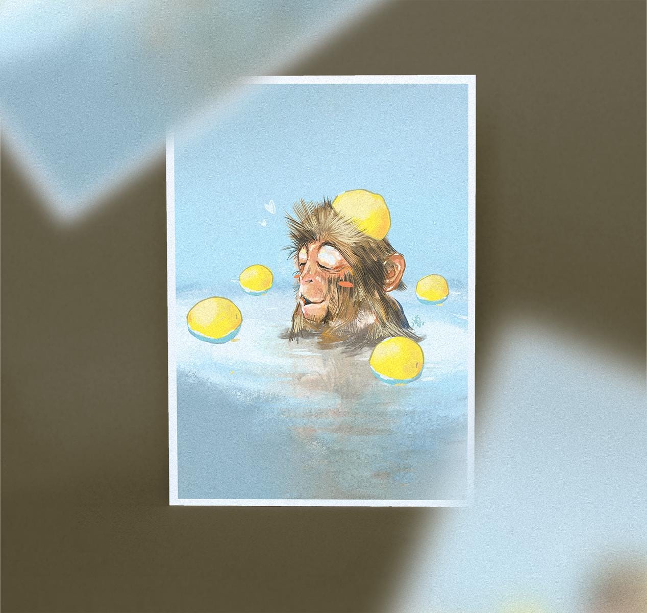 Relaxed monkey in hot spring with yuzu fruits, premium art print, hand-drawn digital illustrations, nature art, Japanese travel mementos