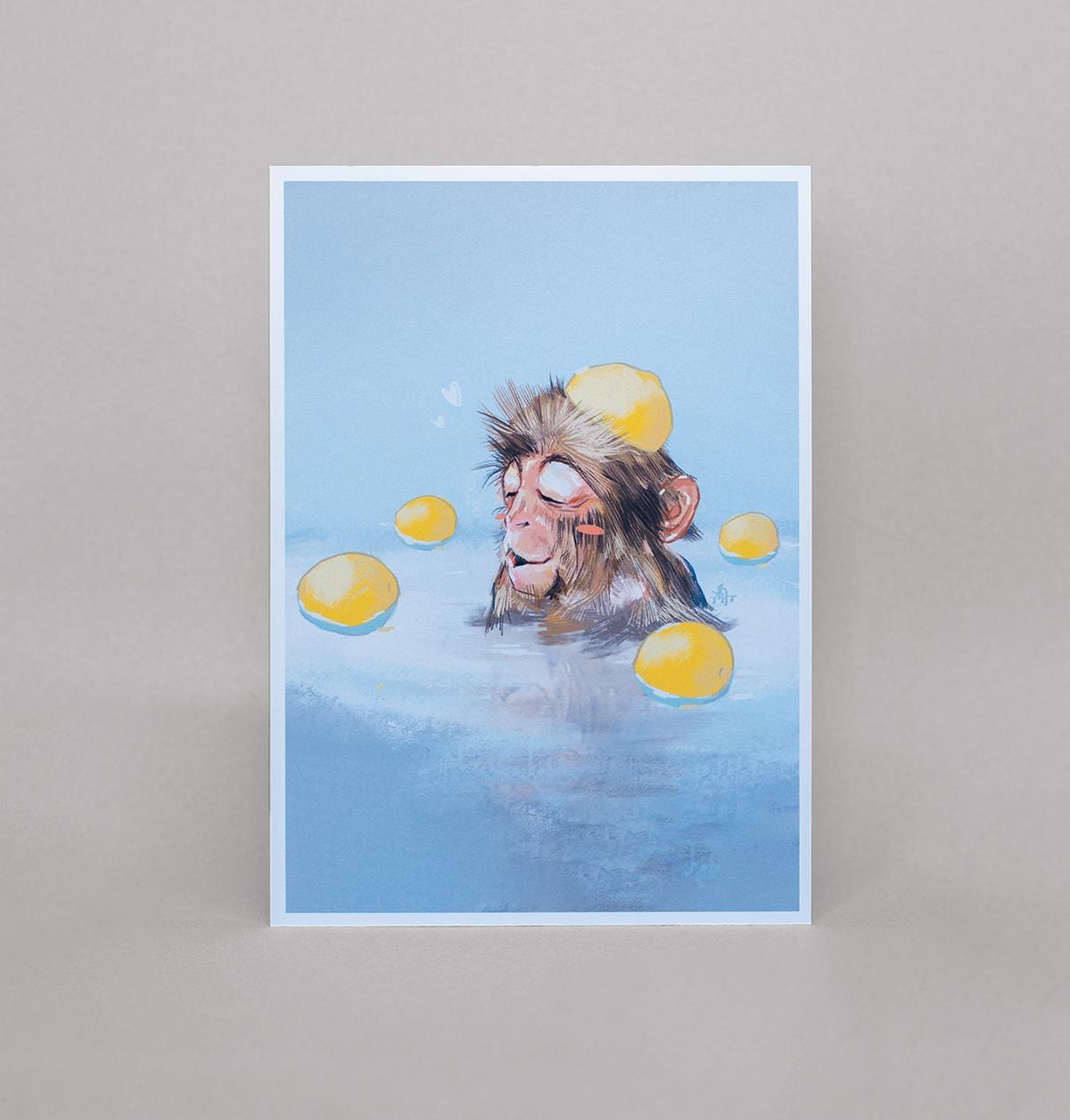 Relaxed monkey in hot spring with yuzu fruits, premium art print, hand-drawn digital illustrations, nature art, Japanese travel mementos