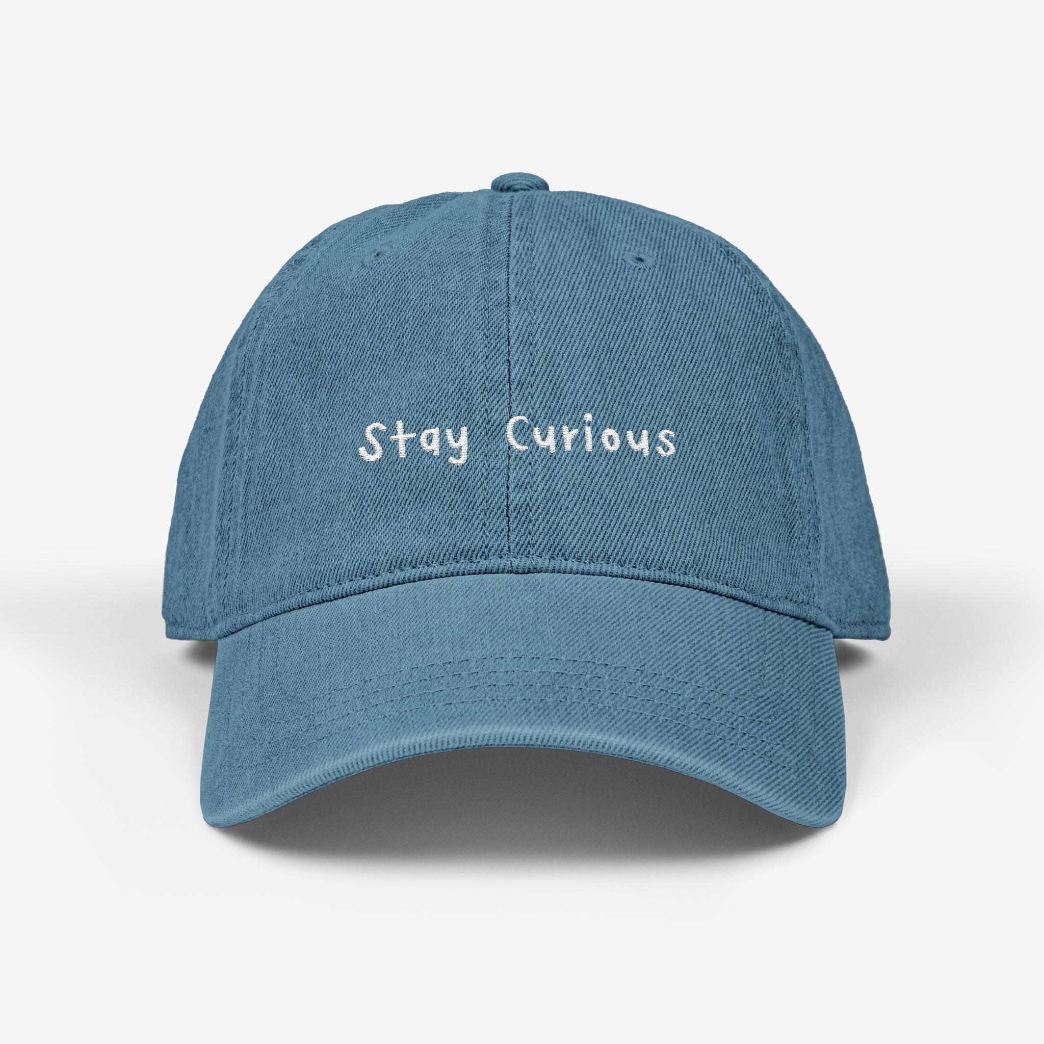 Embroidered "Stay Curious" Denim Hat: Unisex Cotton Cap with back design