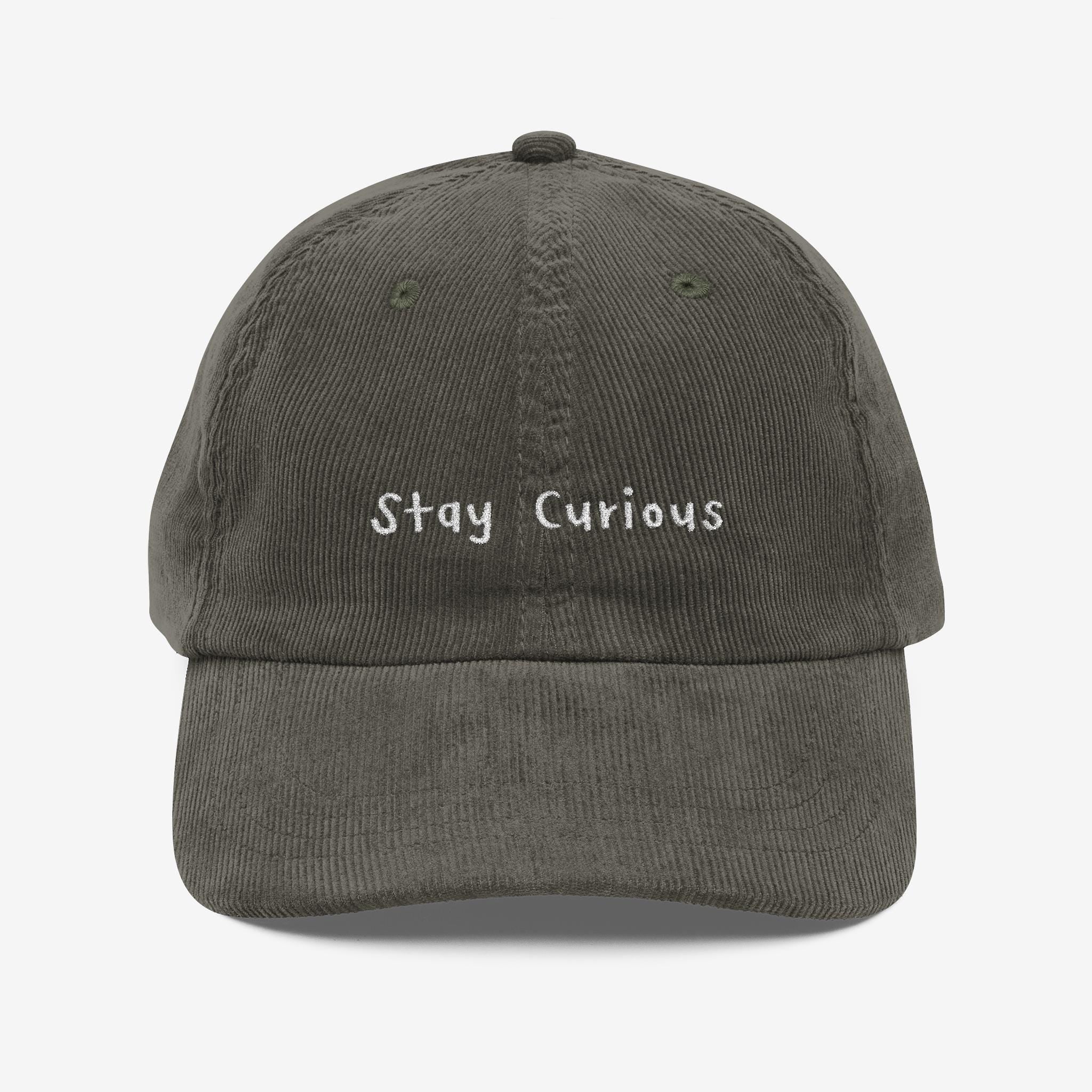 Vintage Corduroy Baseball Cap: Embroidered "Stay Curious" with back design