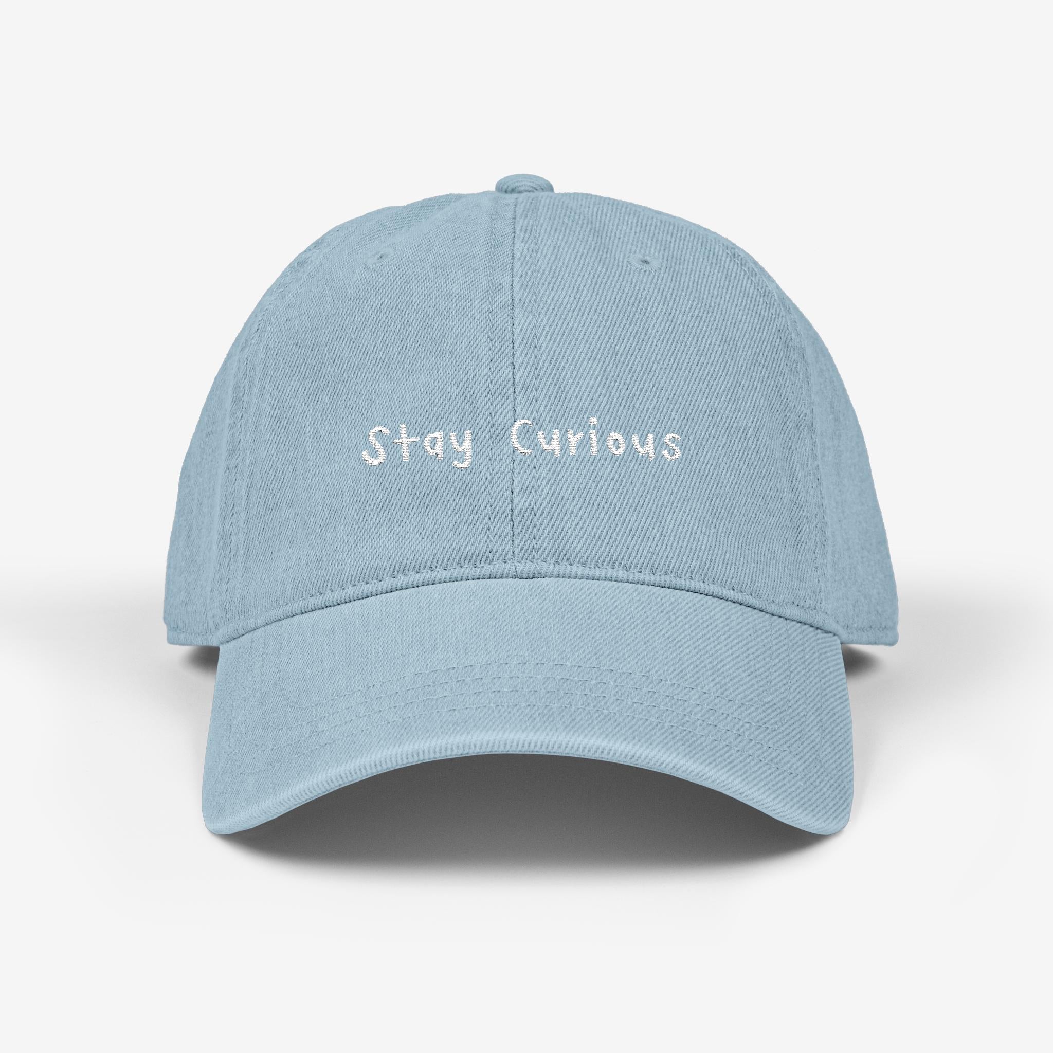 Embroidered "Stay Curious" Denim Hat: Unisex Cotton Cap with back design