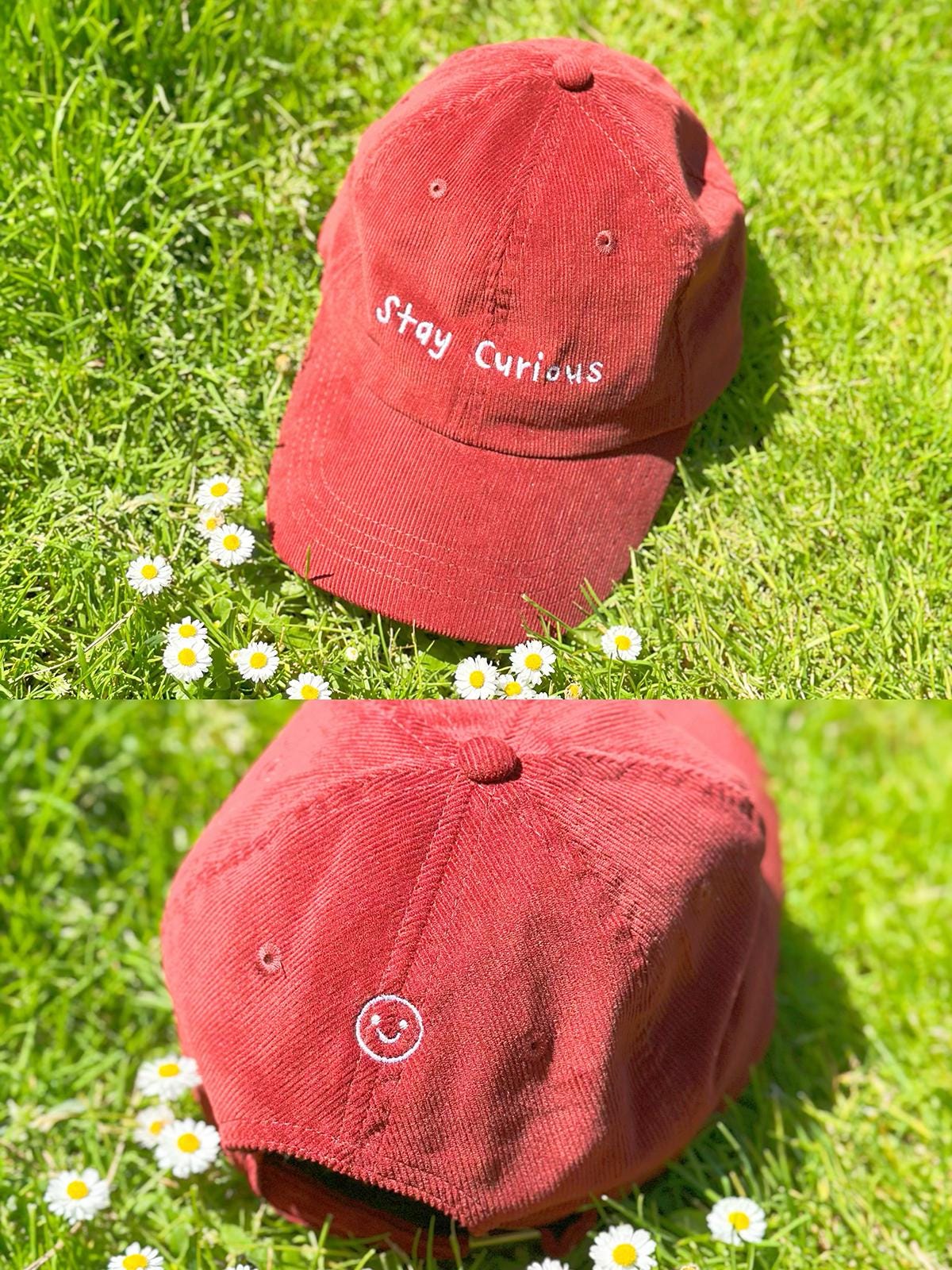 Vintage Corduroy Baseball Cap: Embroidered "Stay Curious" with back design