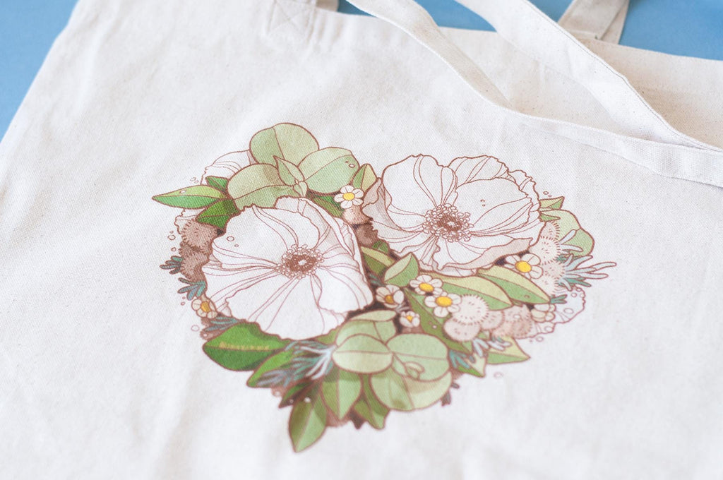 Floral Heart Canvas Tote Bag: Hand-Illustrated Botanical Design