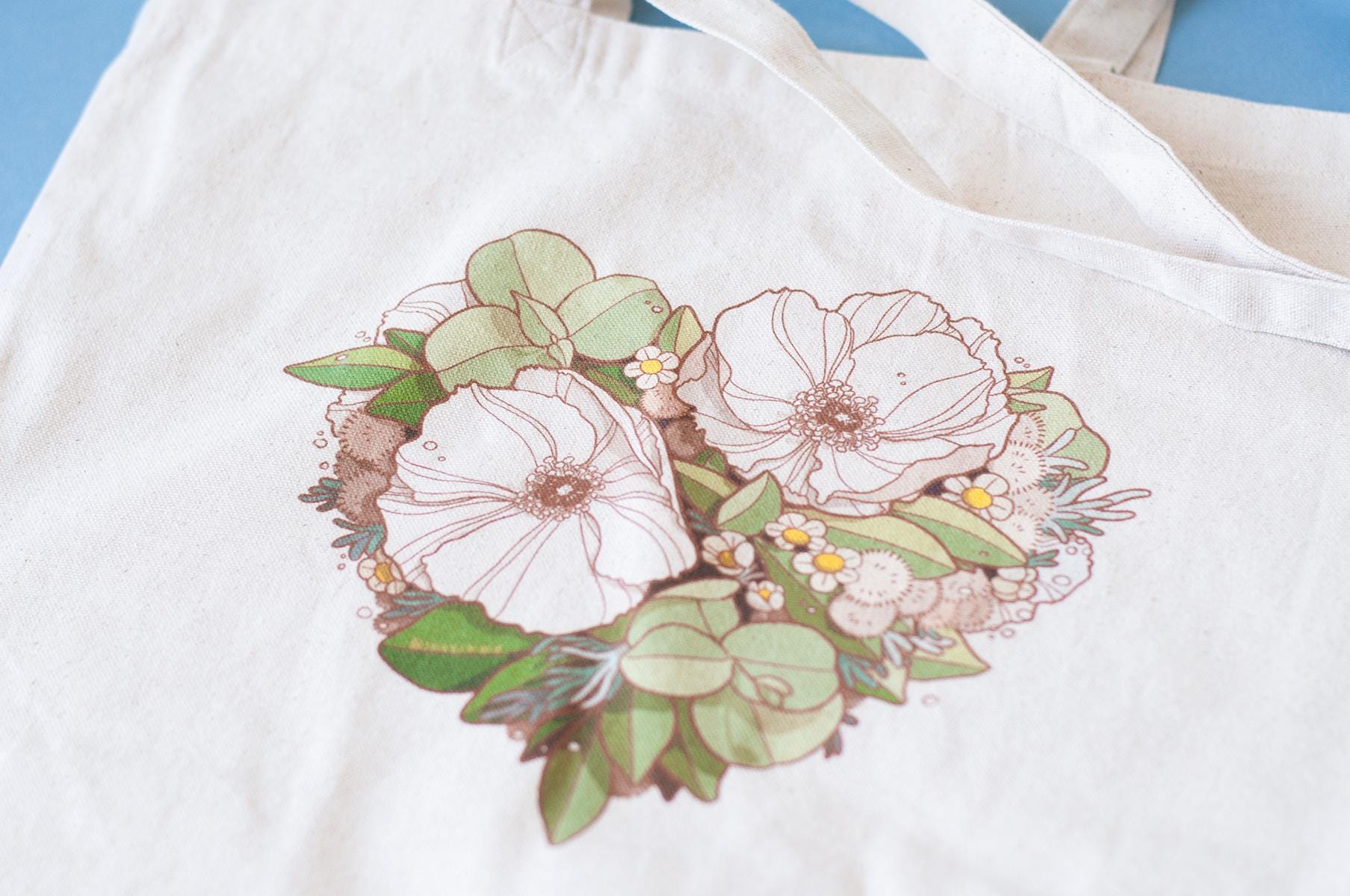 Floral Heart Canvas Tote Bag: Hand-Illustrated Botanical Design
