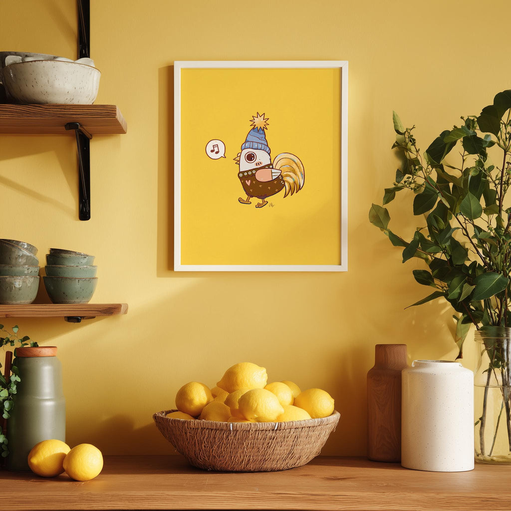 Sweater Weather Bird Art Print: Sunny Yellow Chicken Cartoon