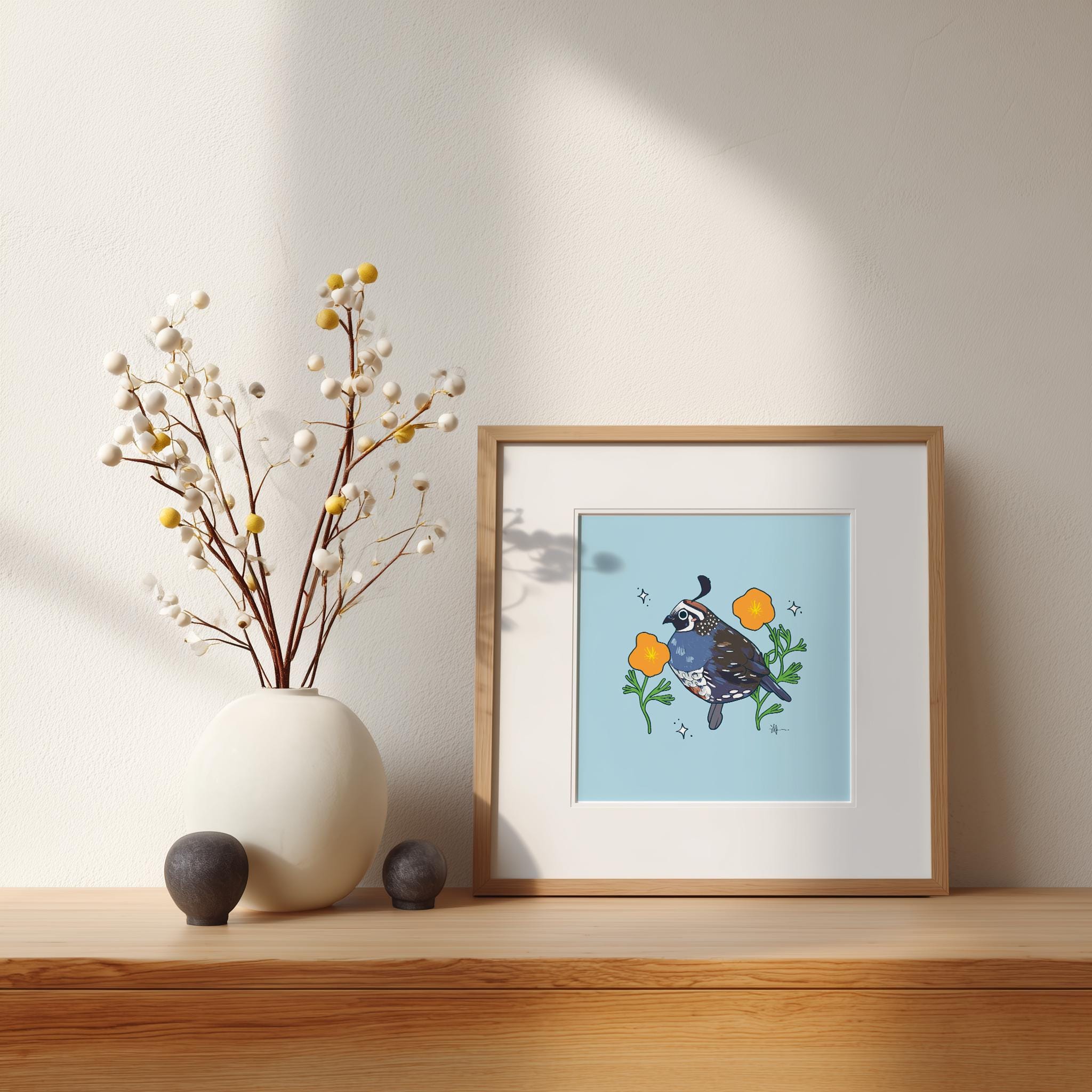 California Quail & Poppy Art Print: Hand-Drawn Illustration, State Flower