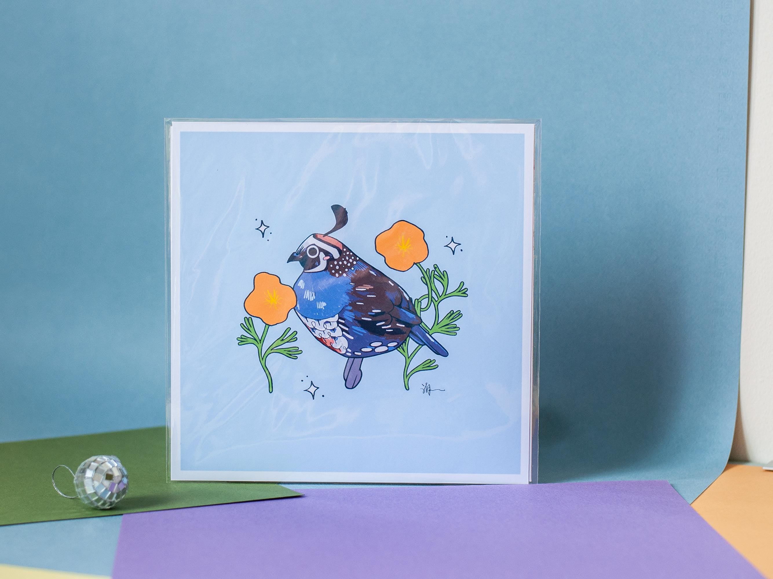 California Quail & Poppy Art Print: Hand-Drawn Illustration, State Flower