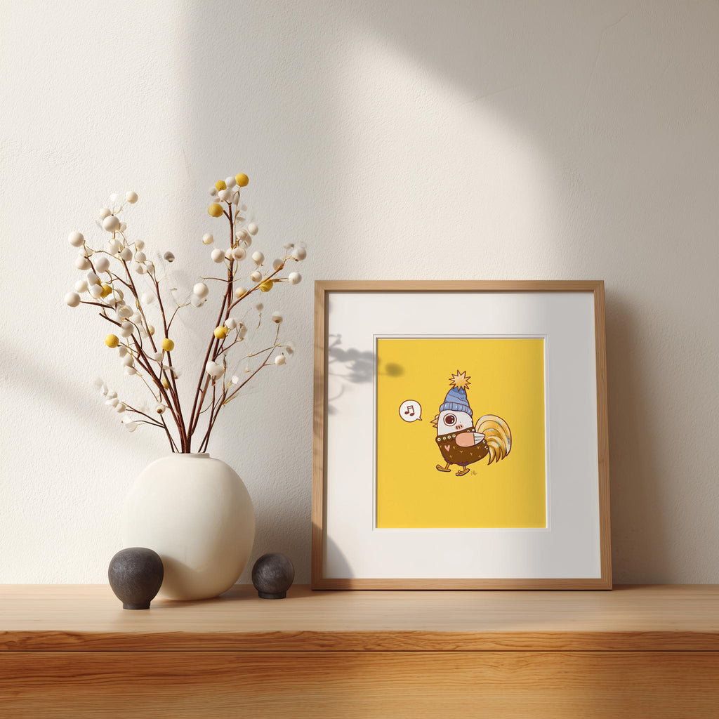 Sweater Weather Bird Art Print: Sunny Yellow Chicken Cartoon