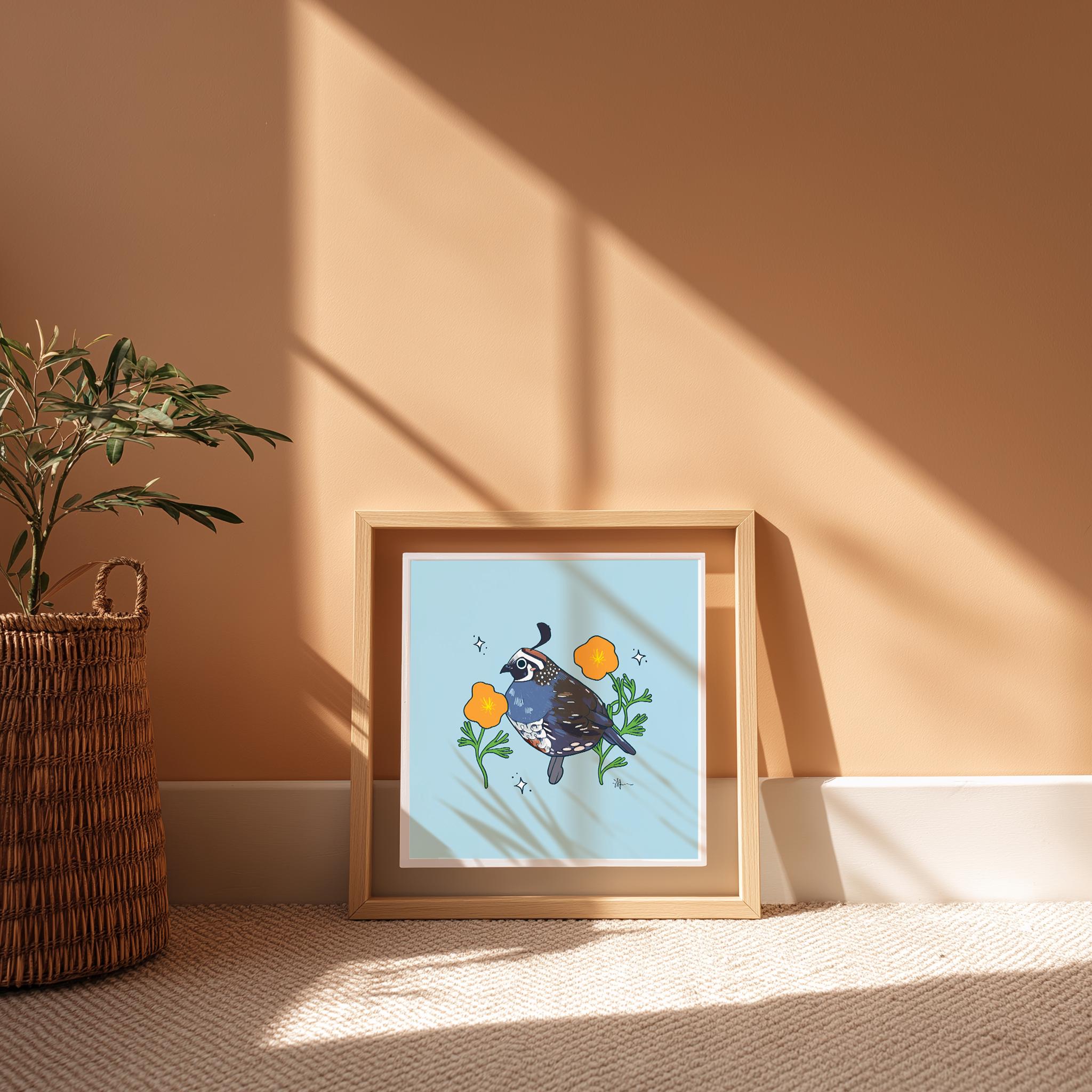 California Quail & Poppy Art Print: Hand-Drawn Illustration, State Flower