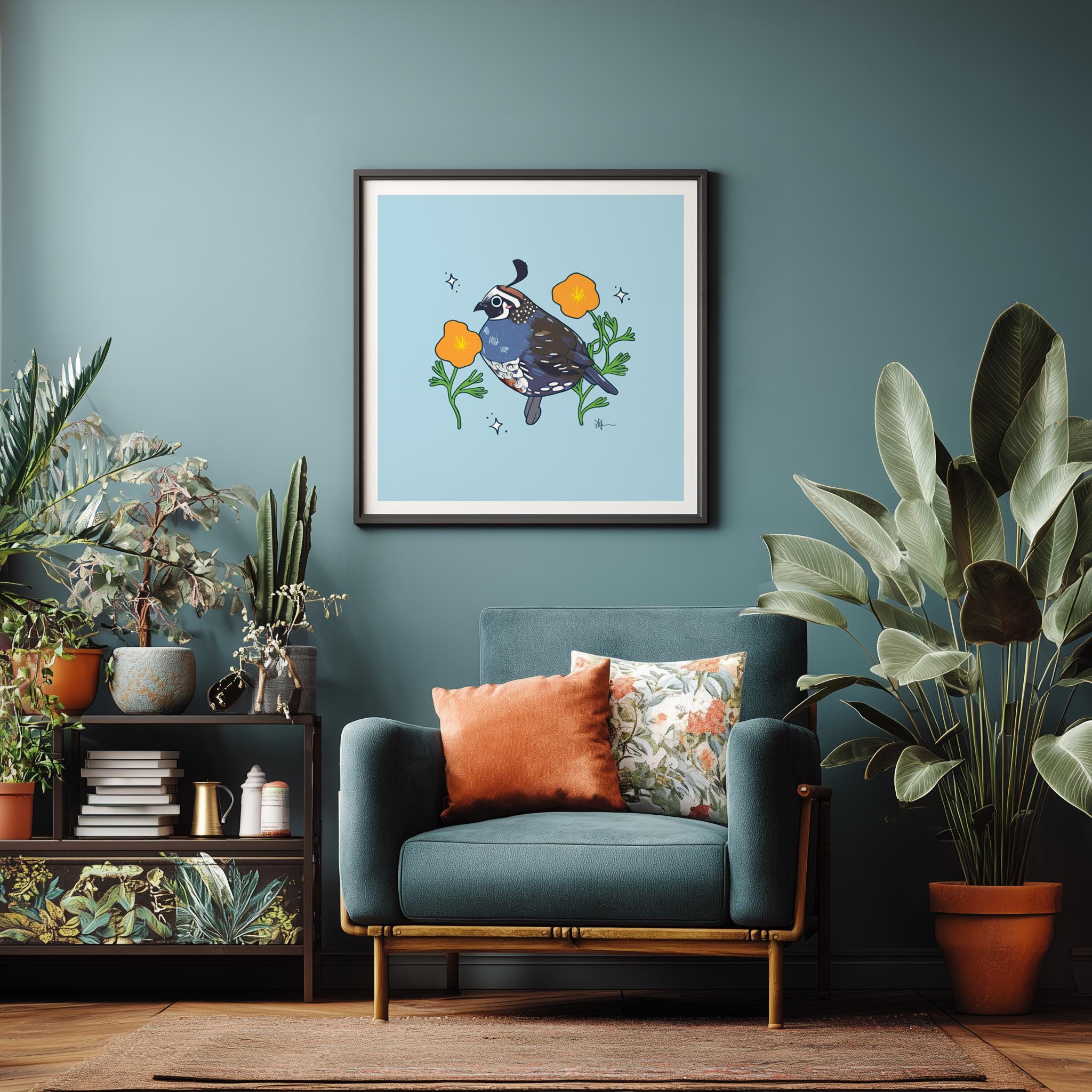 California Quail & Poppy Art Print: Hand-Drawn Illustration, State Flower