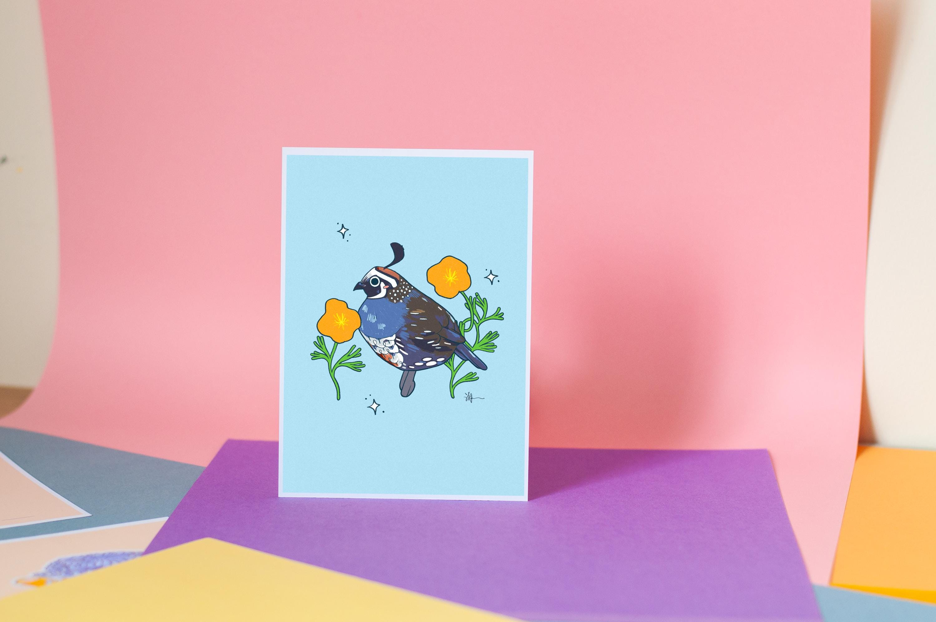 California Quail & Poppy Art Print: Hand-Drawn Illustration, State Flower